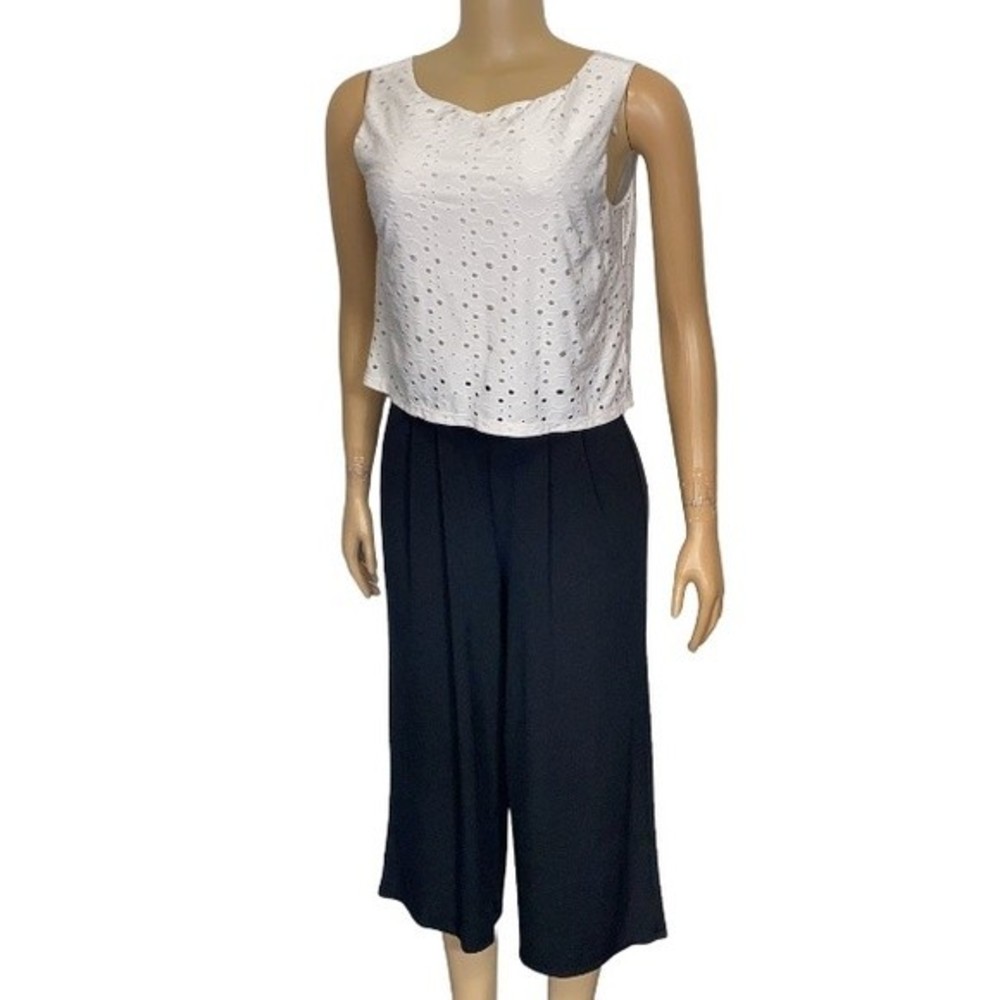90s London Times Jumpsuit cropped wide leg Black white eyelet sleeveless size S
